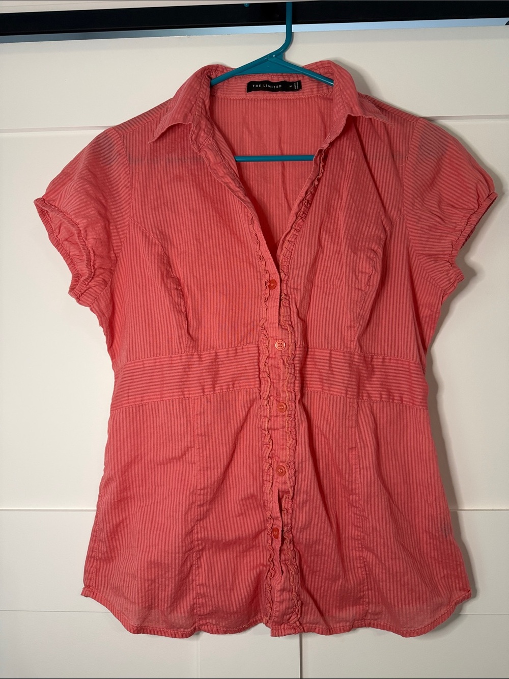 The Limited Coral Button-Front Short Sleeve Ruffle Trim Blouse